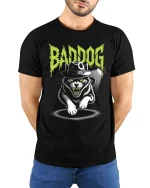 Bad Dog Mafia Cat Gangster Graphic Funny Tshirt Style - model wearing black tee with hands behind back