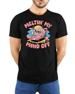 Meltin My Mind Off Funny Brain Summer Chill Graphic Tshirt - model wearing black tee with hands behind back