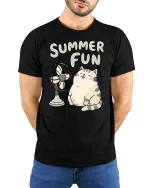 Summer Fun Cute Cat Relaxing Cartoon Chill Vibe Tshirt - model wearing black tee with hands behind back