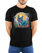 Colorful Psychedelic French Bulldog Art Nature Scene Tshirt - model wearing black tee with hands behind back