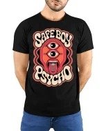 Safe Boy Psycho Retro Trippy Graphic Statement Tshirt - model wearing black tee with hands behind back