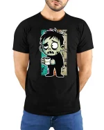 Funny Zombie Boy Coffee Lover Cartoon Graphic Tshirt - model wearing black tee with hands behind back