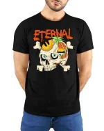 Eternal Skull Summer Beach Paradise Graphic Style Tshirt - model wearing black tee with hands behind back