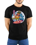 Funny Surfing Pineapple Beach Vibes Summer Graphic Tshirt - model wearing black tee with hands behind back