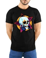 Cool Skull Headphones Music Star Graphic Street Style Tshirt - model wearing black tee with hands behind back