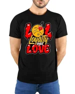 Loyalty Over Love Broken Heart Street Graphic Tshirt - model wearing black tee with hands behind back