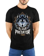 Alpha Predator Wolf Head Graphic Power Style Tshirt - model wearing black tee with hands behind back