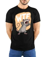WTF Funny Screaming Rat Cartoon Graphic Humor Tshirt - model wearing black tee with hands behind back