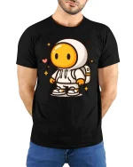 Cute Space Astronaut Cartoon Graphic Casual Style Tshirt - model wearing black tee with hands behind back