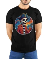 Skeleton Pirate Captain Graphic Ocean Adventure Style Tshirt - model wearing black tee with hands behind back