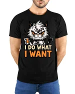 I Do What I Want Funny Angry Cat Graphic Attitude Tshirt - model wearing black tee with hands behind back