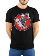 Skeleton Skateboard Rider Graphic Cool Street Style Tshirt - model wearing black tee with hands behind back