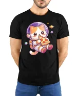 Cute Space Cat Eating Pizza Cartoon Kawaii Style Tshirt - model wearing black tee with hands behind back