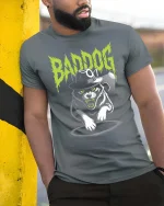 Bad Dog Mafia Cat Gangster Graphic Funny Tshirt Style - model wearing grey tee, leaning on column