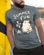 Summer Fun Cute Cat Relaxing Cartoon Chill Vibe Tshirt - model wearing grey tee, leaning on column