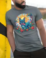 Colorful Psychedelic French Bulldog Art Nature Scene Tshirt - model wearing grey tee, leaning on column