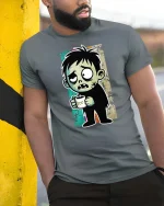 Funny Zombie Boy Coffee Lover Cartoon Graphic Tshirt - model wearing grey tee, leaning on column