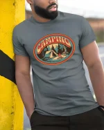 Camping Vintage Outdoor Adventure Nature Graphic Tshirt - model wearing grey tee, leaning on column