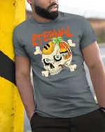 Eternal Skull Summer Beach Paradise Graphic Style Tshirt - model wearing grey tee, leaning on column