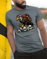 Vulture Skull Survivor Apocalypse Graphic Dark Style Tshirt - model wearing grey tee, leaning on column