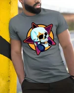 Cool Skull Headphones Music Star Graphic Street Style Tshirt - model wearing grey tee, leaning on column