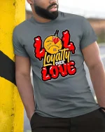 Loyalty Over Love Broken Heart Street Graphic Tshirt - model wearing grey tee, leaning on column