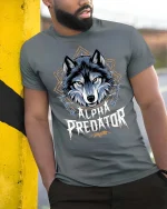 Alpha Predator Wolf Head Graphic Power Style Tshirt - model wearing grey tee, leaning on column