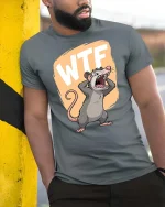 WTF Funny Screaming Rat Cartoon Graphic Humor Tshirt - model wearing grey tee, leaning on column