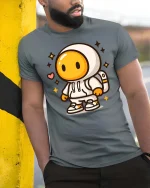 Cute Space Astronaut Cartoon Graphic Casual Style Tshirt - model wearing grey tee, leaning on column