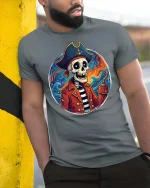 Skeleton Pirate Captain Graphic Ocean Adventure Style Tshirt - model wearing grey tee, leaning on column