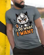 I Do What I Want Funny Angry Cat Graphic Attitude Tshirt - model wearing grey tee, leaning on column