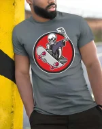Skeleton Skateboard Rider Graphic Cool Street Style Tshirt - model wearing grey tee, leaning on column