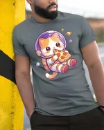 Cute Space Cat Eating Pizza Cartoon Kawaii Style Tshirt - model wearing grey tee, leaning on column